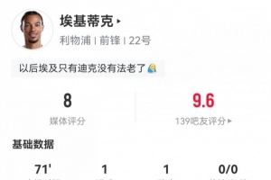 完美英超首秀！埃基蒂克数据：传射建功，2次关键传球，评分8.0